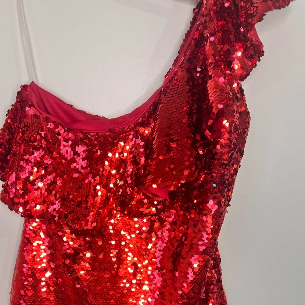 Leith Red Lava One Shoulder Mini Ruffle Dress Size Medium